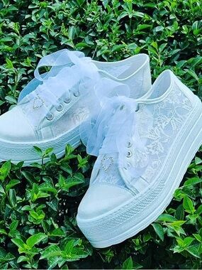 Lace Platform Bridal Sneakers with Sheer Ribbon Laces - White
